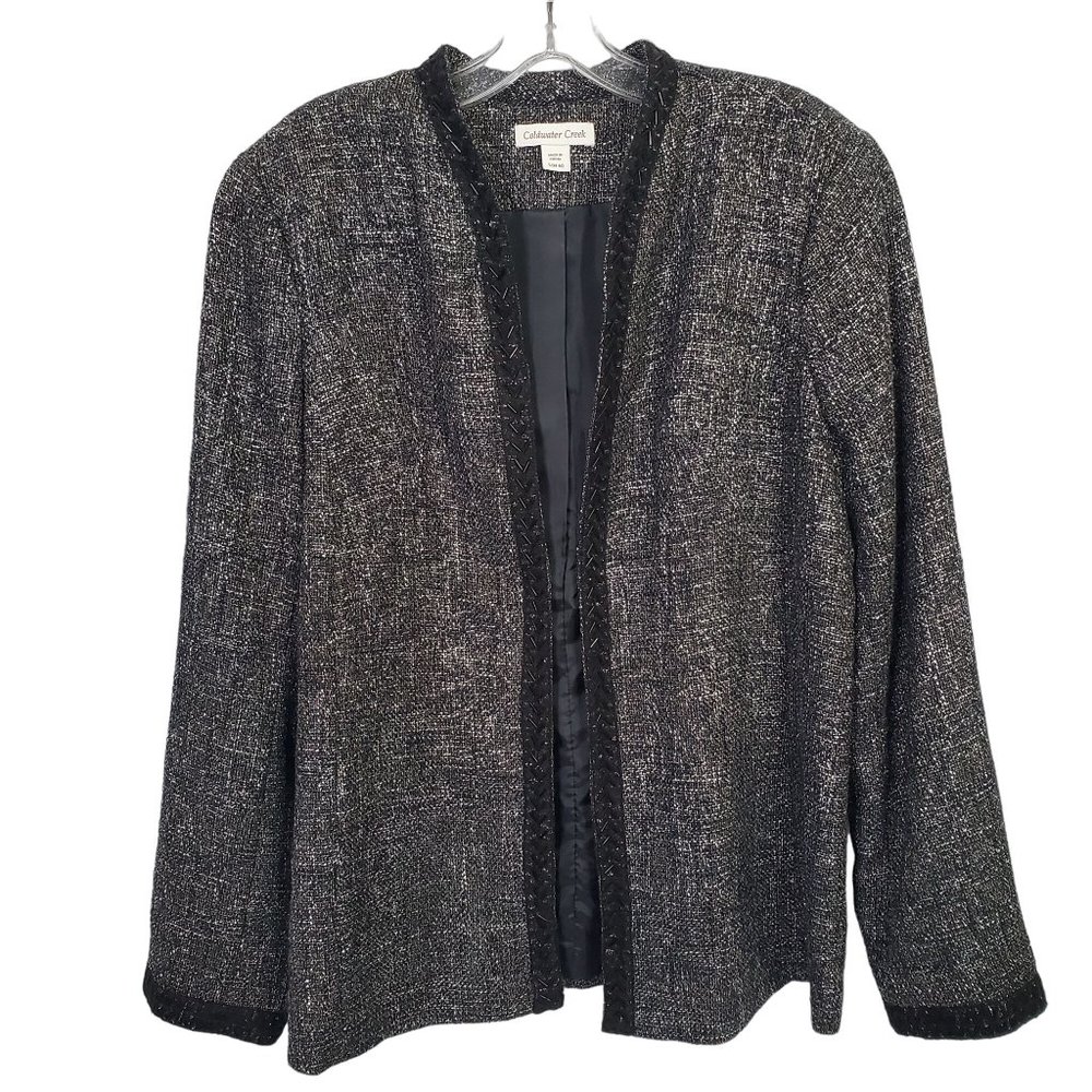 Coldwater Creek Size L Blazer Tweed Metallic Open Front Beaded Trim Wool Blend - Picture 2 of 9
